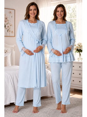 Effortt 2018M Mavi Kolay Emzirme Özellikli Sabahlıklı Lohusa Pijama Takımı